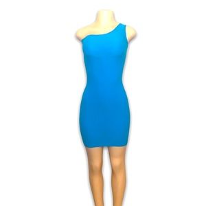 One sleeve form fitting blue dress